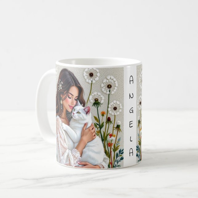 Caneca De Café Mulher e Gato Branco e Dandelions  (Frente Esquerda)