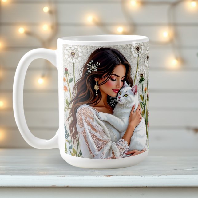 Caneca De Café Mulher e Gato Branco e Dandelions  (Criador carregado)