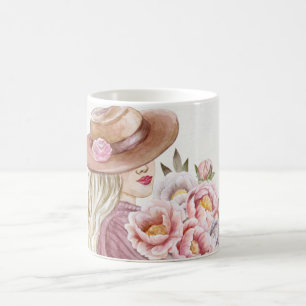 Caneca De Café Mulher Elegante com Peônias Impressão de Arte em A