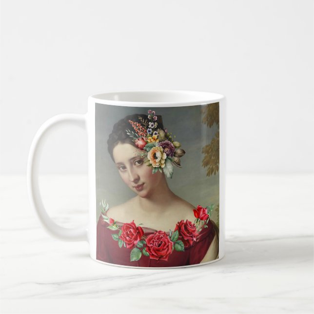 Caneca De Café Mulher em vermelho com flores e citação. (Esquerda)