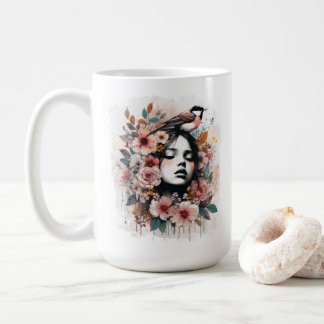 Caneca De Café Mulher Floral Inspiradora com Obra de Arte de Páss