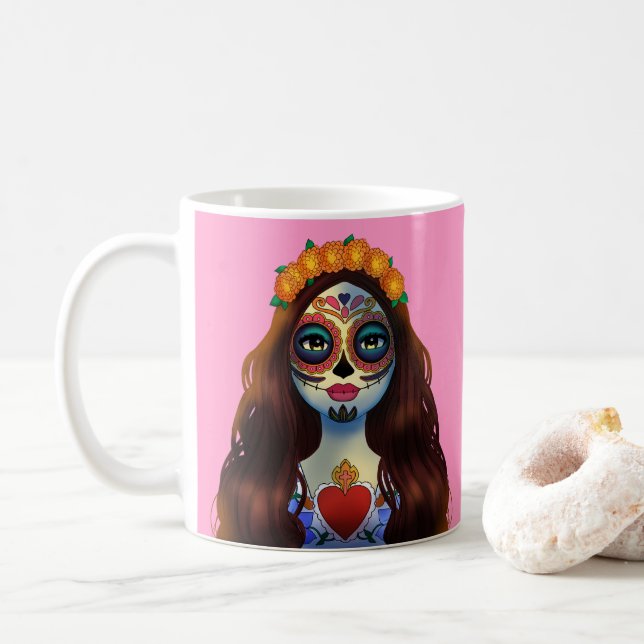 Caneca De Café Mulher Misteriosa Do Crânio (Com Donut)
