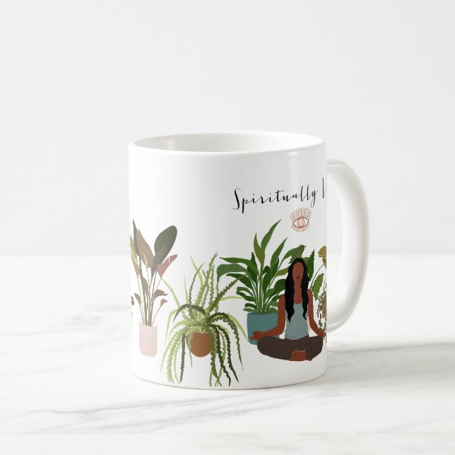 Caneca De Café Mulher Negra Meditando Plantas Domésticas (Frente Esquerda)