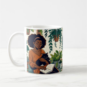 Caneca De Café Mulher Relaxando com seu gato, livro e plantas