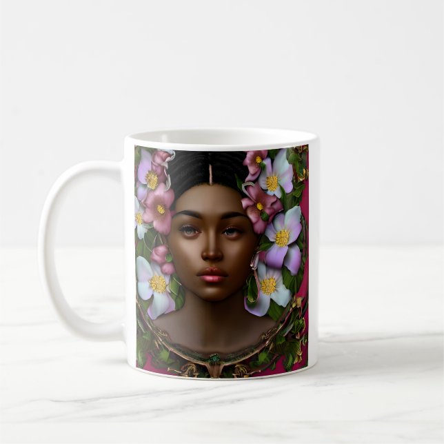 Caneca De Café Mulher Serena Afro-Americana com Flores (Esquerda)