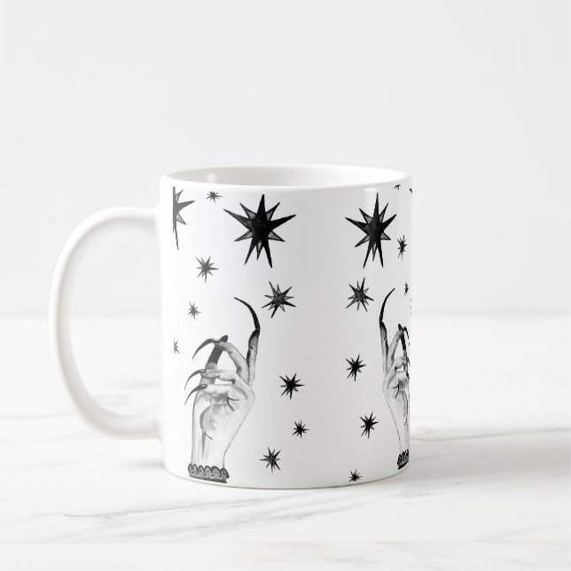 Caneca De Café Mulheres bruxas de fundo com estrelas, mãos bruxas (Esquerda)