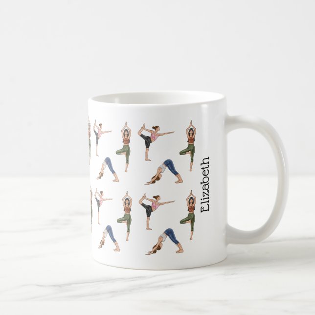 Caneca De Café Mulheres em poses de yoga padrão de treino com nom (Direita)