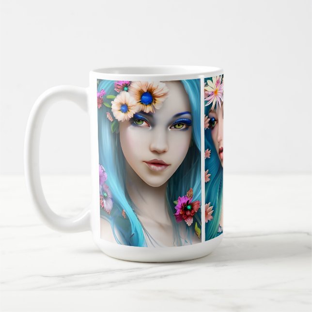 Caneca De Café Mulheres etéreas com Flores no Cabelo Azul (Esquerda)
