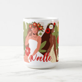 Caneca De Café Mulheres no Jardim, Folhagem Verde Flores Vermelha