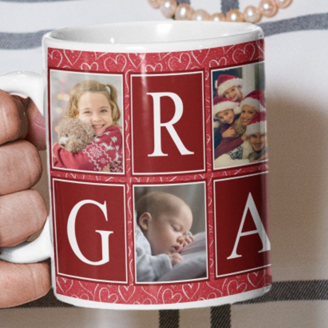 Caneca De Café Multiphoto Red Heart Pattern Grandma Photo (Criador carregado)