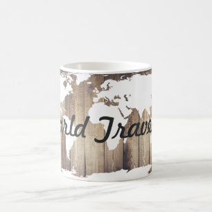 Caneca De Café Mundo Branco Viajante do Mundo Mapa Madeira Rústi