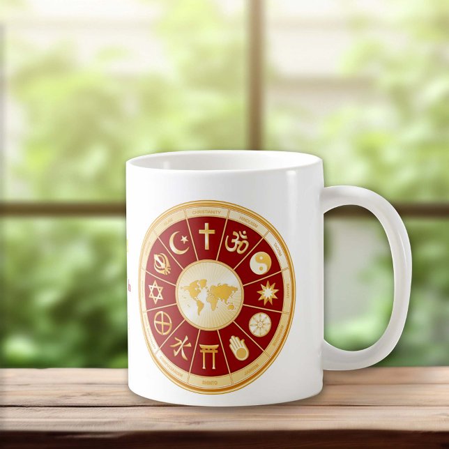 Caneca De Café Mundo da Fé (Customize with your text.  Gold symbols of international religions surround a world map.)