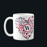 Caneca De Café Musical Heart Notes Clefs Music Love Monographic<br><div class="desc">Design de coração de aquarela feito com notas e clefs de música em azul escuro e vermelho com corações e um monograma personalizável para um presente personalizado para um músico,  professor de música,  professor de coro,  ou apenas um amante de música.</div>