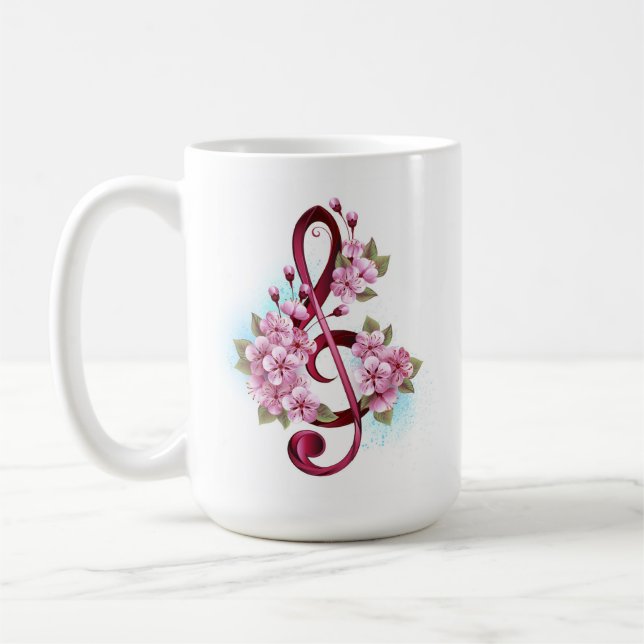 Caneca De Café Musical treble clef notes with Sakura flowers (Esquerda)