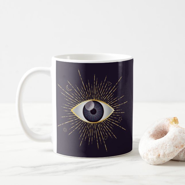 Caneca De Café Mystic Mau Eye Nazar Mati Dourado e Violeta (Com Donut)