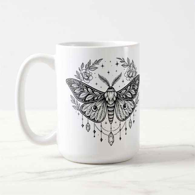 Caneca De Café Mystical Gothic Moth Botanical Celestial Line Art  (Esquerda)