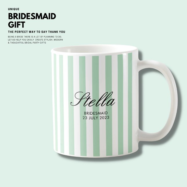Caneca De Café Na moda Classic Elegant Green Stripes Bridesmaid (Criador carregado)