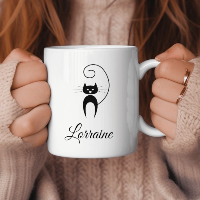 Caneca De Café Na moda Moderno Gato de Cauda Preta (Criador carregado)