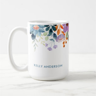 Caneca De Café Na moda Monograma Blue Purple Watercolor floral