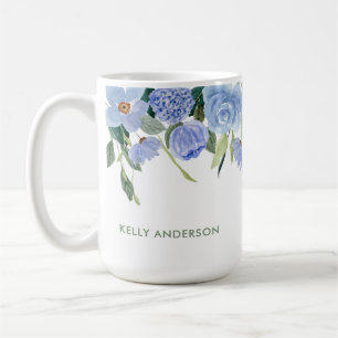 Caneca De Café Na moda Monograma Borda azul de aquarela floral