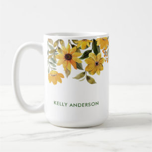 Caneca De Café Na moda Monograma Yellow Watercolor floral