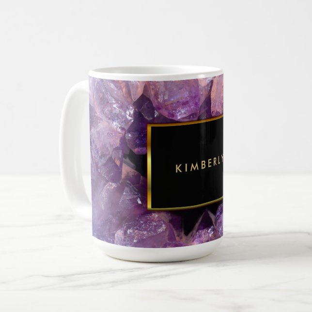 Caneca De Café Na moda roxo ametista gemstone monograma (Frente Esquerda)