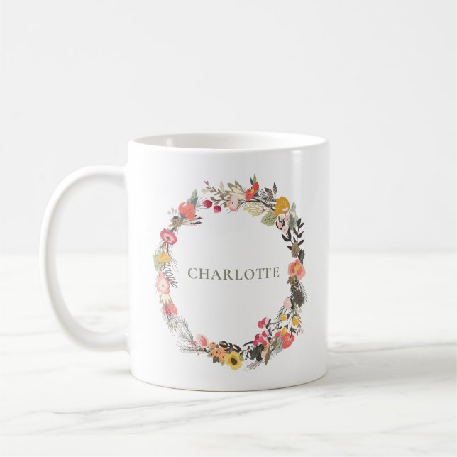 Caneca De Café Na moda Sage Autumn Floral Wreath Monogramas (Esquerda)
