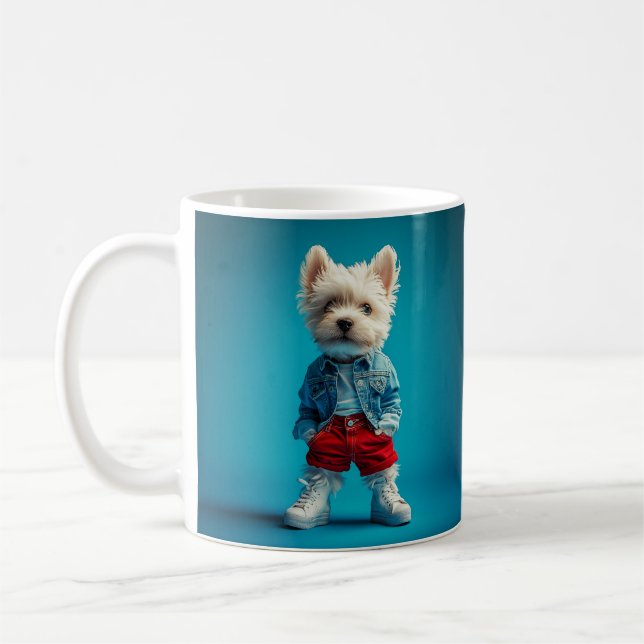 Caneca De Café Na moda Westie Pup em Denim e Sneakers (Esquerda)