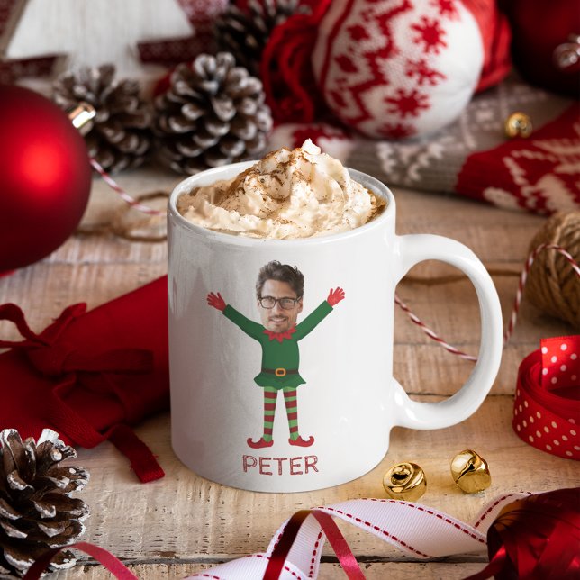 Caneca De Café Namorado Elf no Natal (Boyfriend's Elf Photo & Name Funny Christmas Mug Personalized Photo)