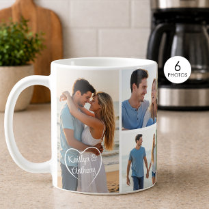 Caneca De Café Namorados 6 Colagem de Fotos Coração Nomes