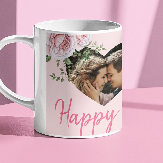 Caneca De Café Namorados de rosas rosa personalizado 2 fotocoraçõ (Criador carregado)