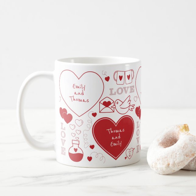 Caneca De Café Namorados Patterno Mug - Vermelho em Branco (Com Donut)