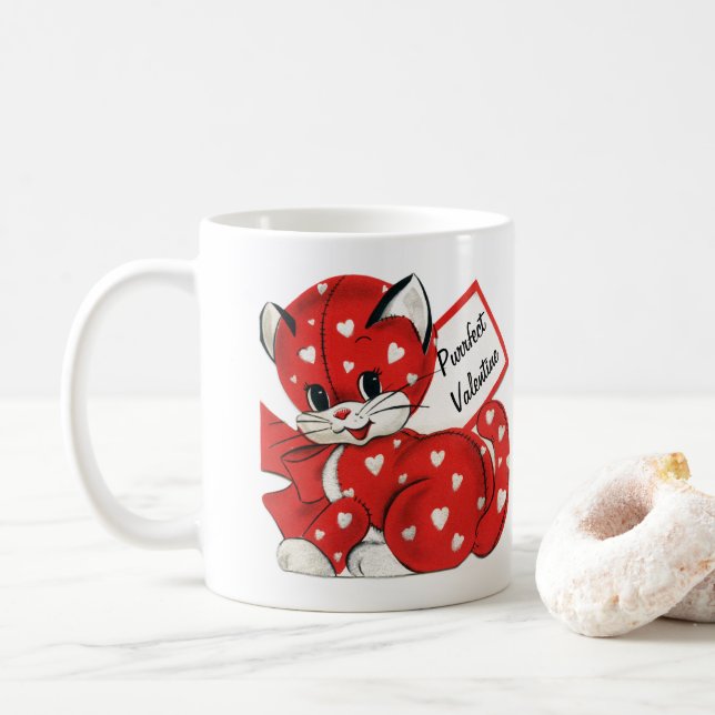 Caneca De Café Namorados Vintage Red Cat White Hearts Retro Love (Com Donut)