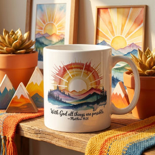 Caneca De Café Nascer do Sol na Montanha em Aquarela Versículo Bí