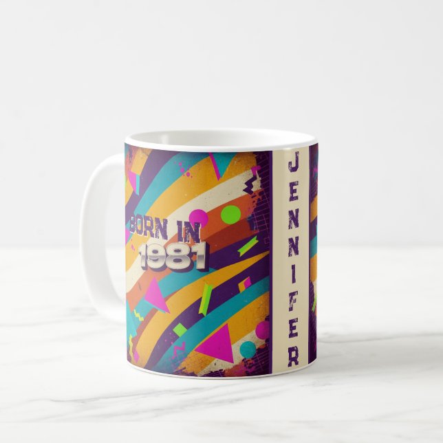 Caneca De Café Nascer em 1981 Mug Personalizado - Geométrico Neon (Frente Esquerda)