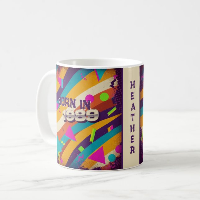 Caneca De Café Nascer em 1989 Mug Personalizado - Geométrico Neon (Frente Esquerda)