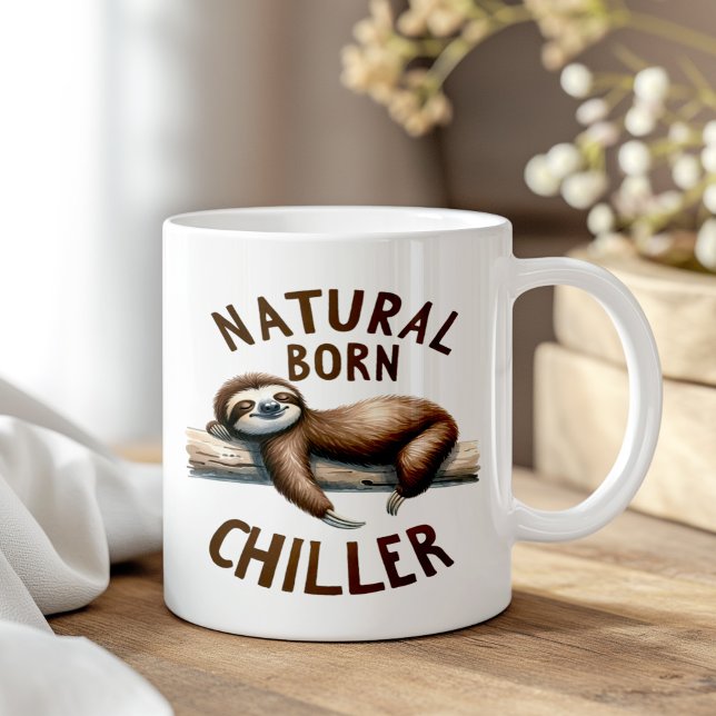 Caneca De Café "Nascer Natural Chiller" Engraçada Dormindo Lama ("Natural Born Chiller" Cute Funny Sleeping Sloth Coffee Mug on a boho wooden table.)