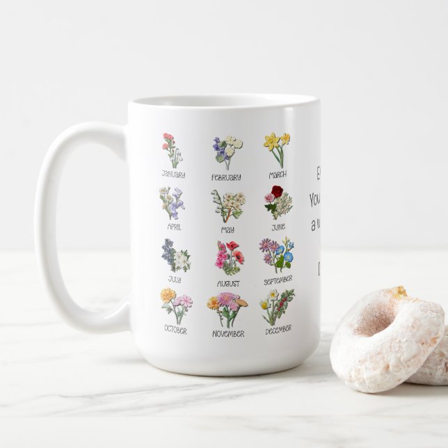 Caneca De Café NASCIMENTO MÊS FLOWER Bíblia Cristã Floral Verso (Com Donut)