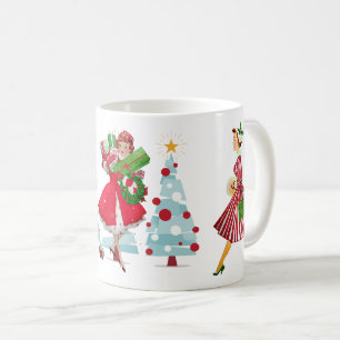 Caneca De Café natais vintages 1950 Damas Vermelhas Verde Branco