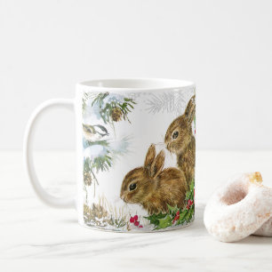 Caneca De Café Natais vintages Adoráveis Snow Bunny e Holly