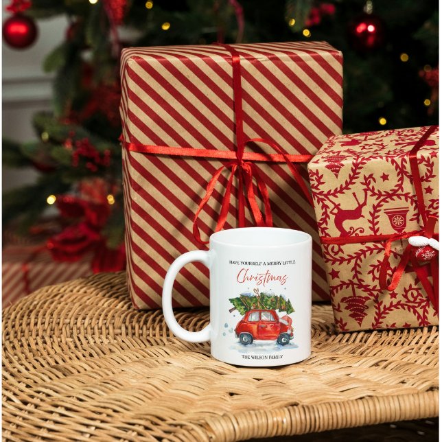 Caneca De Café Natais vintages Red Car & Tree (Criador carregado)