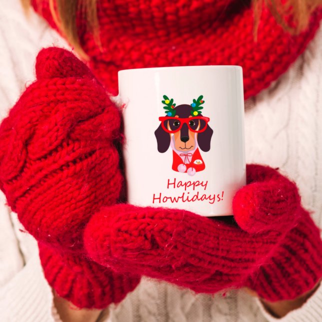 Caneca De Café Natal adorável Feliz Howlidays Doxie Dachshund Cac (Cute Christmas Happy Howlidays Doxie Dachshund Dog Coffee Mug)