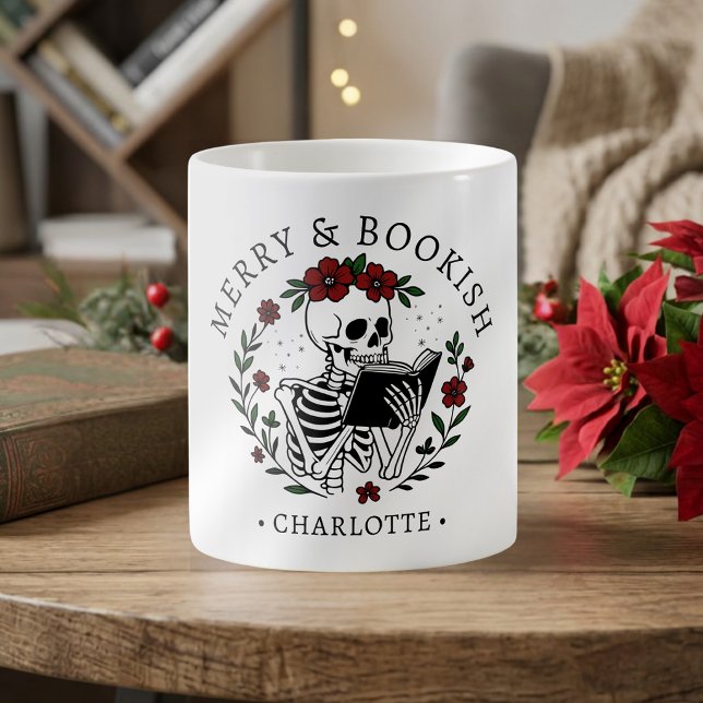 Caneca De Café Natal Alegre & Esqueleto Leitor Divertido (Criador carregado)