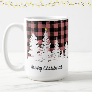 Caneca De Café Natal Alegre Floresta Xadrez Búfalo Rosa Rústico