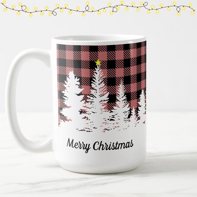 Caneca De Café Natal Alegre Floresta Xadrez Búfalo Rosa Rústico  (Criador carregado)