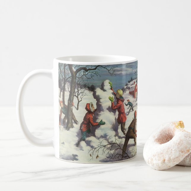 Caneca De Café Natal Antigo, Crianças Brigando com Bolas de Neve (Com Donut)