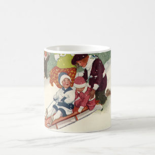 Caneca De Café Natal Antigo, Crianças Deslizando no Trono na Neve