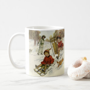 Caneca De Café Natal Antigo, Crianças Vitorianas Deslizando com C