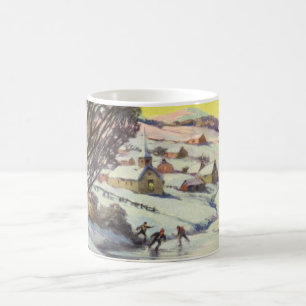 Caneca De Café Natal Antigo, Lago Congelado com Patinadores no Ge