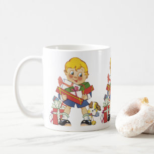 Caneca De Café Natal Antigo, Menino com Presentes e Cachorrinho